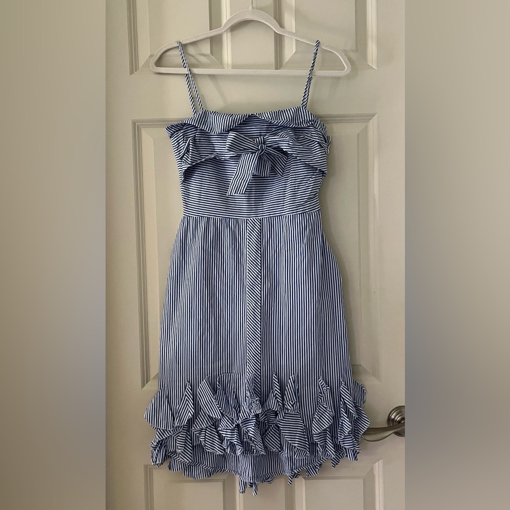 1st Sight Blue White Striped Ruffle sundress with adjustable spaghetti size S